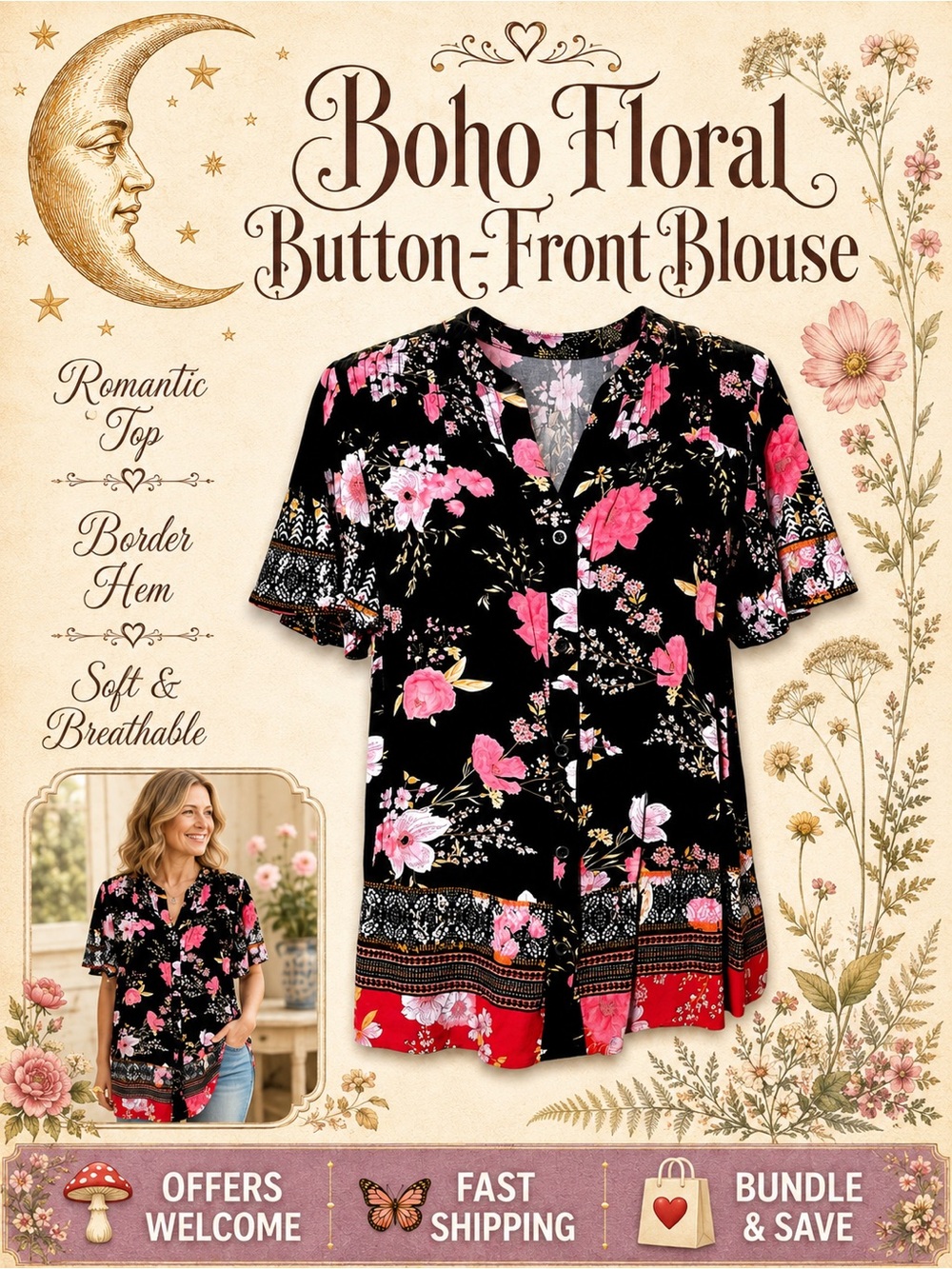 Knox Rose Floral Blouse Button‑Front Flutter Sleeves Boho Print L